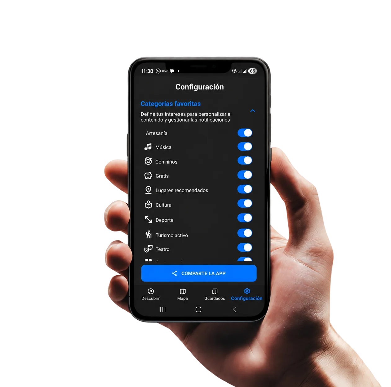 Mano sujetando un móvil con la configuración de la app Murcianeo